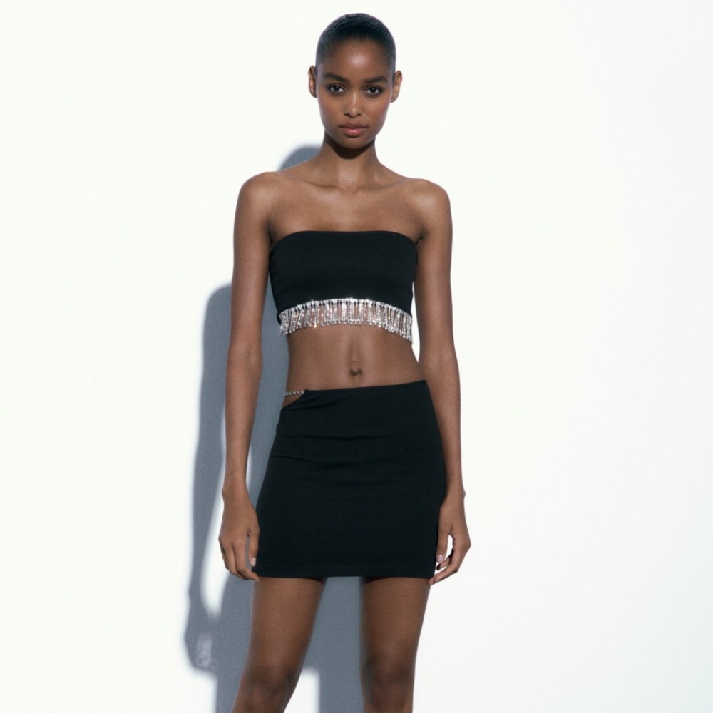ZARA SEAMLESS RHINESTONE KNIT CROP TOP Sz M